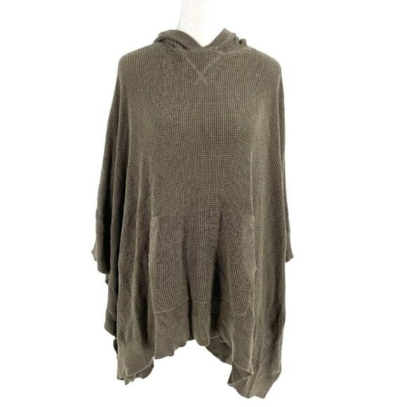 Garnet Hill Merino Wool Blend Hooded Waffle Knit Poncho Sweater Green size S/M - Picture 1 of 10